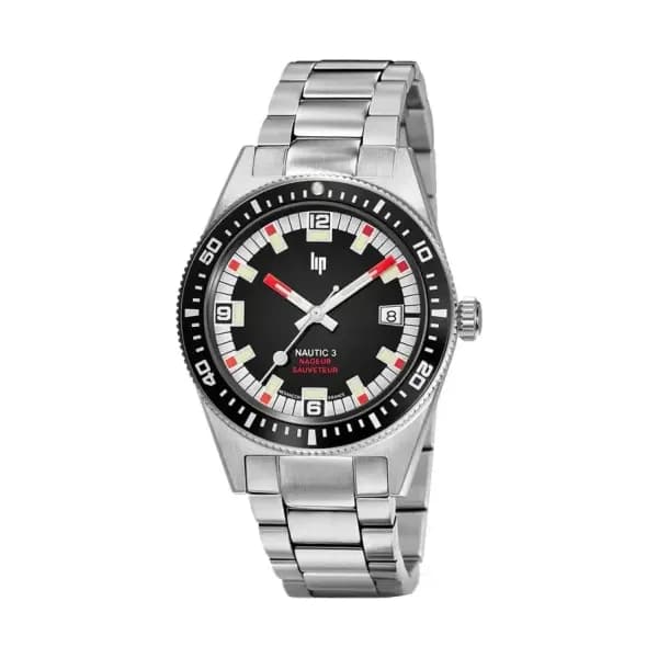 Lip Montre Lip Nautic 3 Nageur-Sauveteur 39 mm 670097- Homme - cadran Noir- 39 mm - Acier Poli Satiné