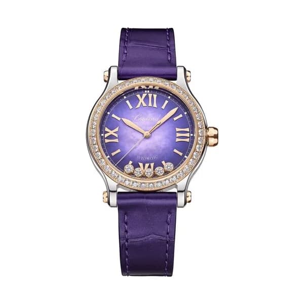Chopard Montre Chopard Happy Sport automatique lunette sertie cadran nacre perlée violette bracelet cuir violet 33 mm