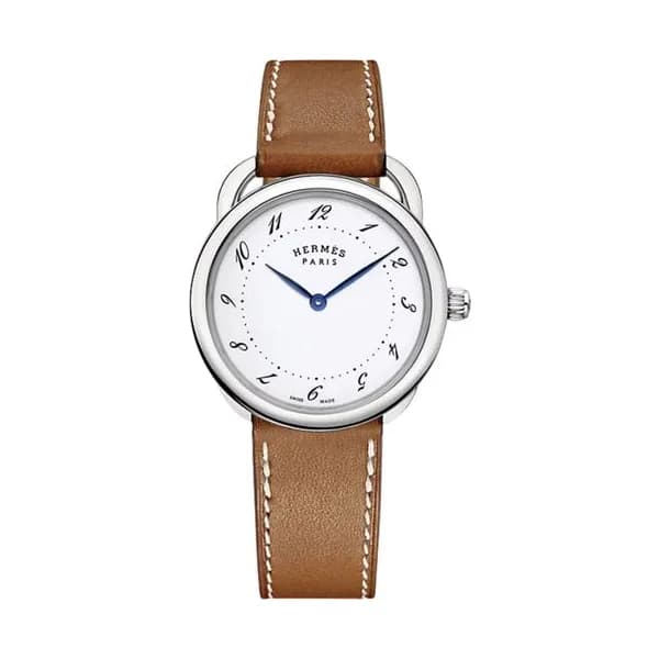 Hermès Montre HERMÈS Arceau Grand Modèle quartz cadran laqué blanc bracelet cuir marron 36 mm