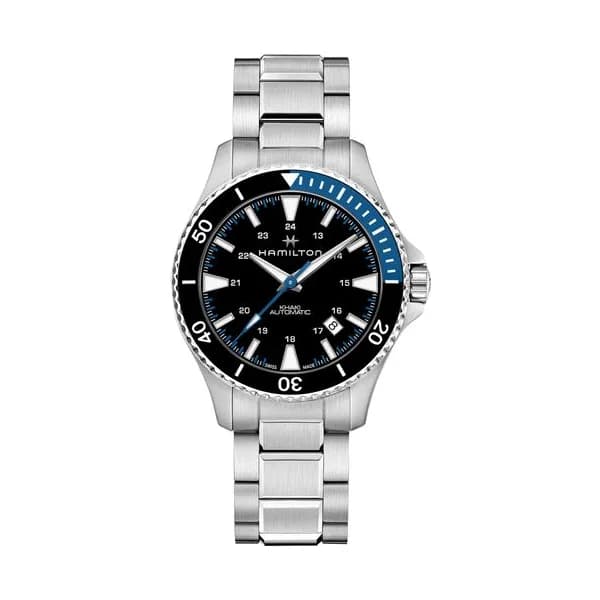 Hamilton Montre Hamilton Khaki Navy Scuba automatique cadran noir lunette noire et bleue bracelet acier 40 mm