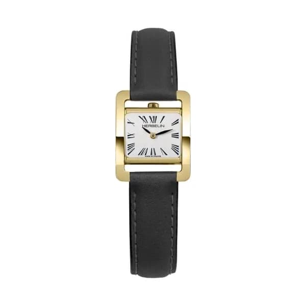 Michel Herbelin Montre Herbelin Ve Avenue PVD Or Jaune quartz cadran blanc bracelet cuir brun 22,5 x 17 mm