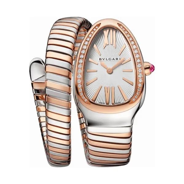 Bulgari Montre Bulgari Serpenti Tubogas quartz lunette sertie cadran blanc opalin bracelet acier et or rose 35 mm