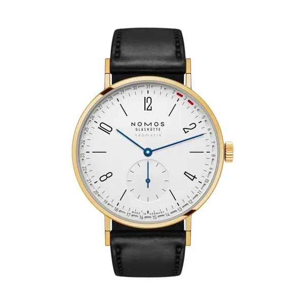 Nomos Montre Nomos Tangente Neomatik 38 Update automatique Gold fond saphir cadran argent bracelet cuir noir 38,5 mm