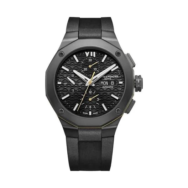 Baume & Mercier Montre Baume et Mercier Riviera ADLC noir Chronographe automatique cadran noir bracelet caoutchouc noir 43 mm