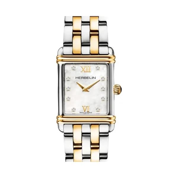 Michel Herbelin Montre Michel Herbelin Art Déco quartz cadran nacre blanche index diamants bracelet acier et PVD Or jaune 20,30 x 24,40 mm