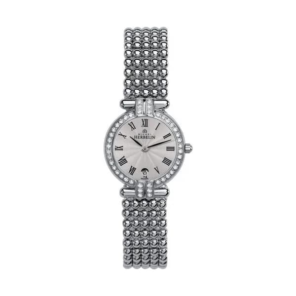Michel Herbelin Montre Michel Herbelin Perles quartz lunette sertie cadran argent soleillé bracelet acier 24,4 mm
