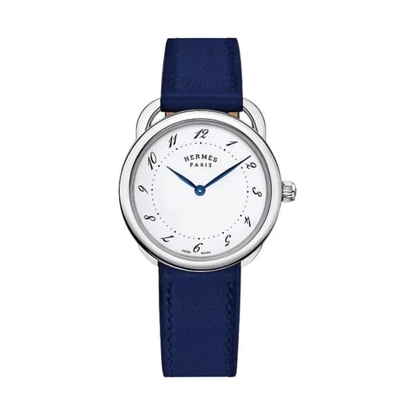 Hermès Montre HERMÈS Arceau Grand Modèle quartz cadran laqué blanc bracelet cuir bleu 36 mm