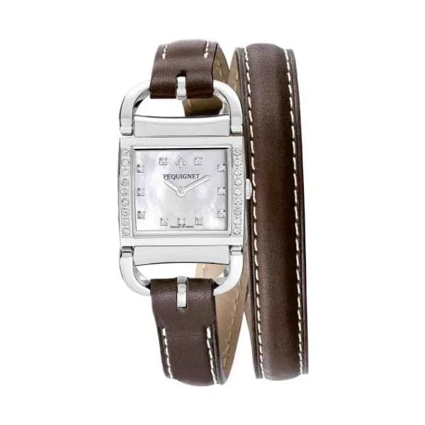 Pequignet E. Montre Pequignet Attellage Quartz - Cadran Nacre Blanc - Bracelet Marron Foncé - 5894509CD-DTC