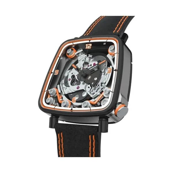 B.R.M Montre B.R.M FF39-40 automatique titane PVD noir couronne laque orange cadran squelette bracelet cuir Alcantara noir 40 mm