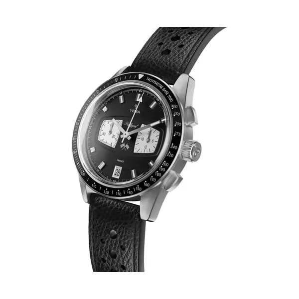 Yema Montre Yema Rallygraf Meca-Quartz II Reverse Panda cadran noir bracelet cuir 40 mm
