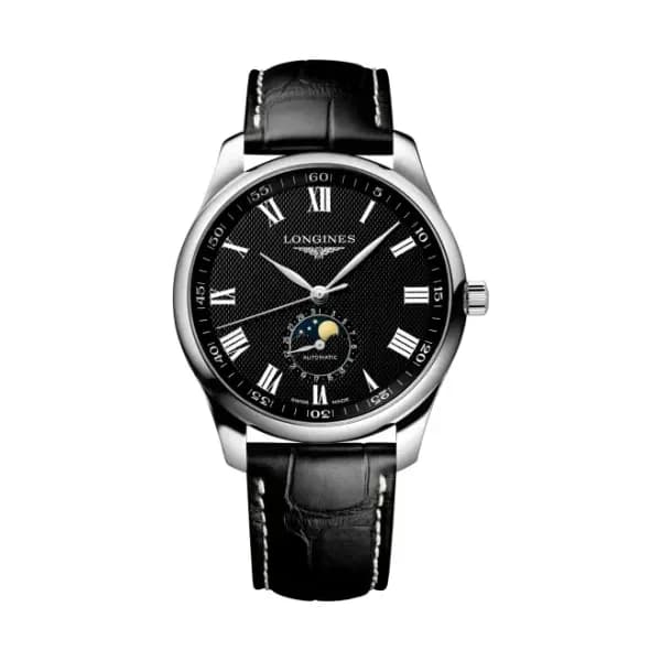 Longines Montre Longines Master Collection Auto Cadran Noir Bracelet Cuir Phase de Lune 42mm