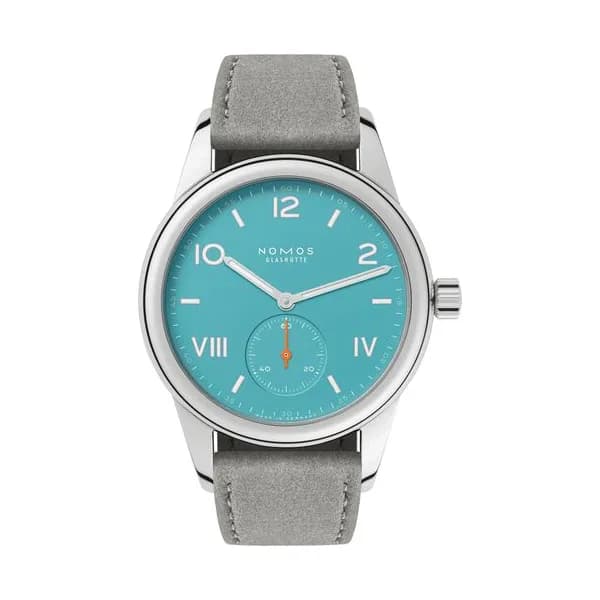 Nomos Montre NOMOS Club Campus Endless Blue mécanique fond acier cadran bleu turquoise bracelet velours gris 36 mm