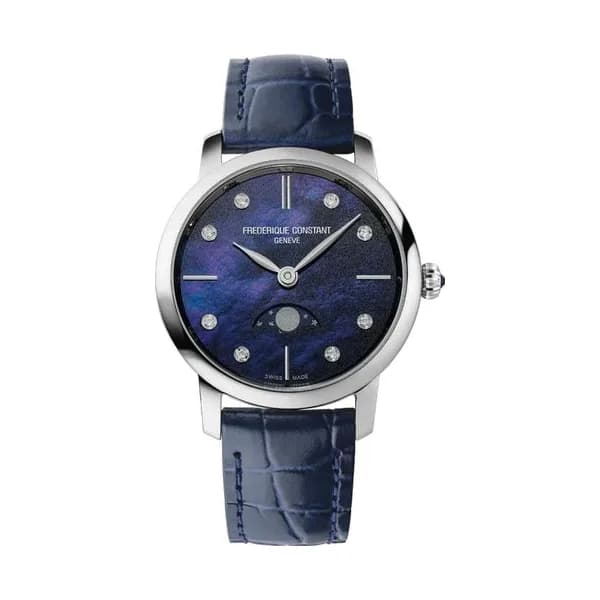 Frédérique Constant Montre Frédérique Constant Slimline Moonphase quartz cadran nacre bleu bracelet cuir bleu 30 mm
