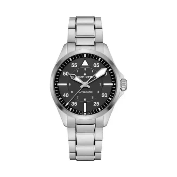 Hamilton Montre Hamilton Khaki Aviation Pilot Automatique Cadran Noir Bracelet Acier 39 mm