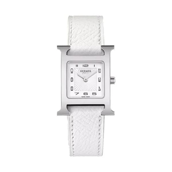 Hermès Montre HERMÈS Heure H Petit Modèle quartz cadran blanc bracelet cuir blanc 25 mm