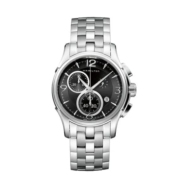 Hamilton Montre Hamilton Jazzmaster Chrono quartz cadran noir et argenté bracelet acier 42 mm
