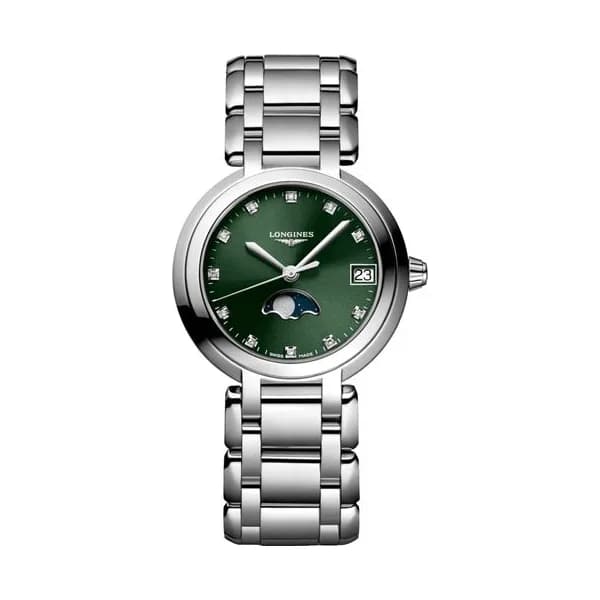 Longines Montre Longines PrimaLuna Moonphase quartz index diamants cadran vert bracelet acier 30,5 mm