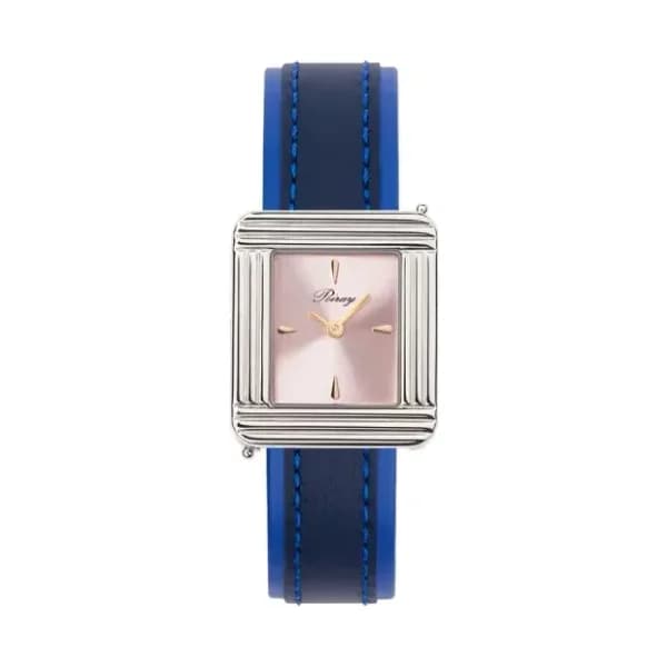 Poiray Montre Poiray Ma Première Acier Cadran Rose Bracelet Veau Sellier Bleu Nuit