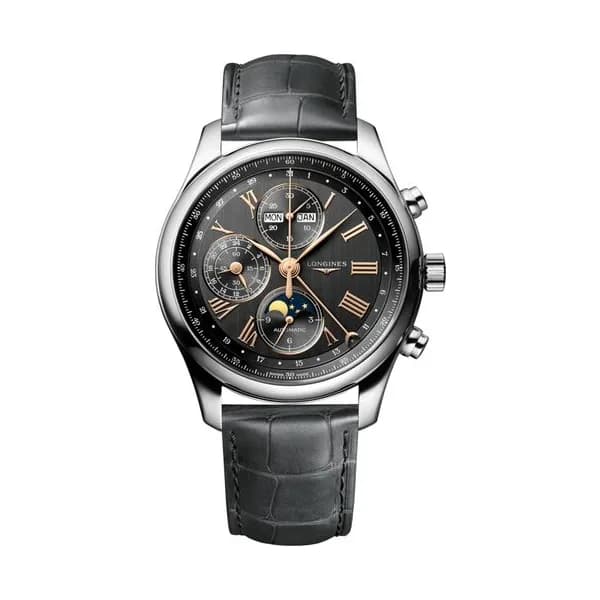 Longines Montre Longines Master Collection automatique chronographe cadran anthracite bracelet cuir gris 42 mm