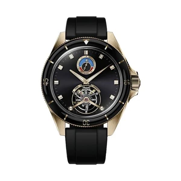 Yema Montre Yema Yachtingraf Tourbillon Mareographe Bronze 75ème anniversaire mécanique cadran noir bracelet caoutchouc noir 42,5 mm
