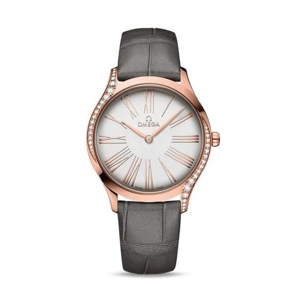 Omega Montre Omega de Ville Trésor quartz or rose cadran argent bracelet tissu anthracite 36 mm