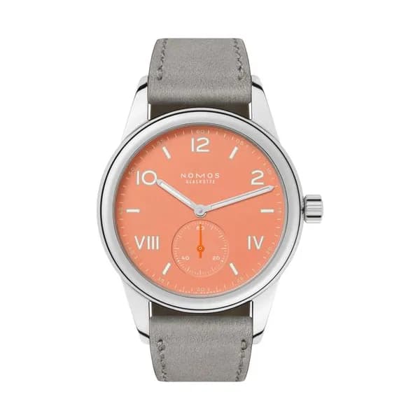 Nomos Montre Nomos Club Campus Cream Coral mécanique cadran corail bracelet cuir gris 36 mm