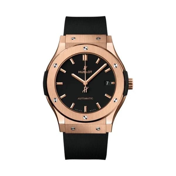 Hublot Montre Hublot Classic Fusion King Gold automatique cadran noir bracelet caoutchouc noir 45 mm