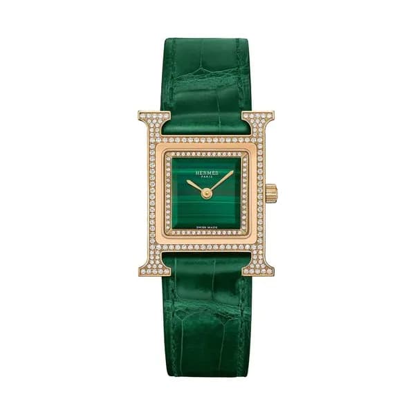 Hermès Montre HERMÈS Heure H Petit Modèle sertie quartz cadran malachite bracelet cuir vert 25 mm