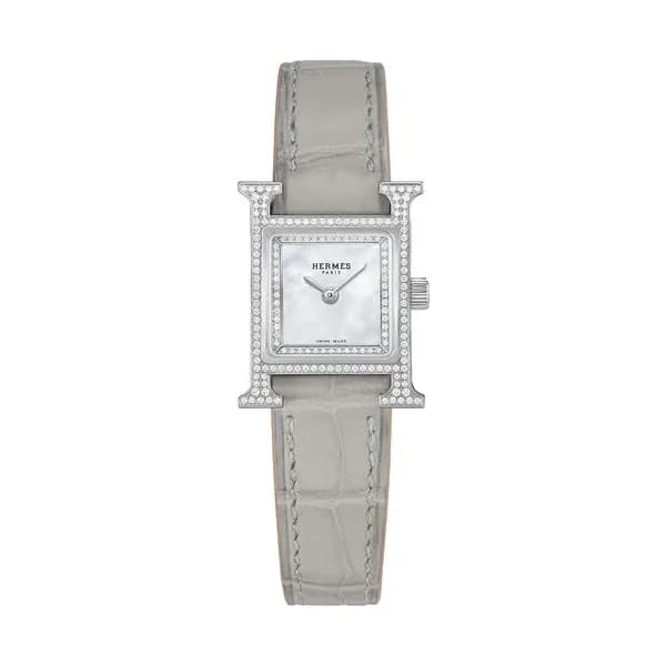 Hermès Montre HERMÈS Heure H Mini Modèle sertie quartz cadran nacre blanche bracelet cuir gris 21 mm