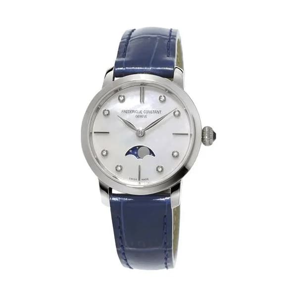 Frédérique Constant Montre Frédérique Constant Slimline Moonphase quartz cadran nacre bracelet cuir bleu 30 mm