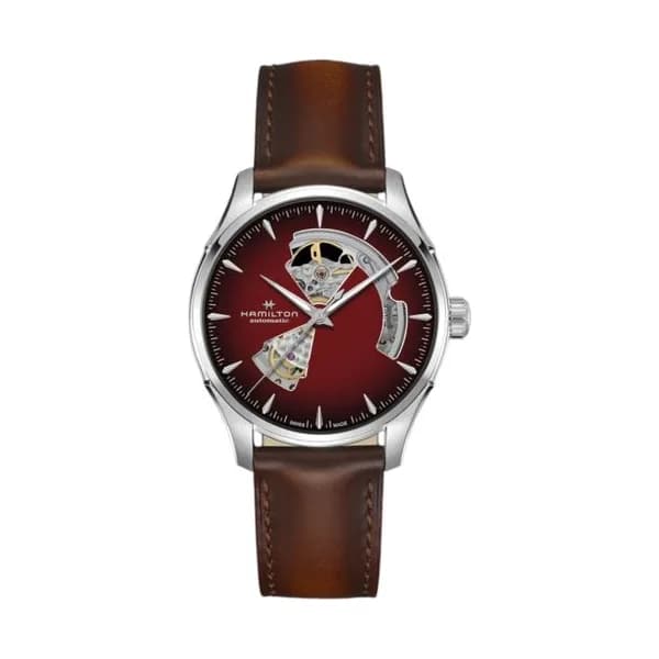 Hamilton Montre Hamilton Jazzmaster Open Heart Auto cadran rouge bracelet cuir marron 40 mm