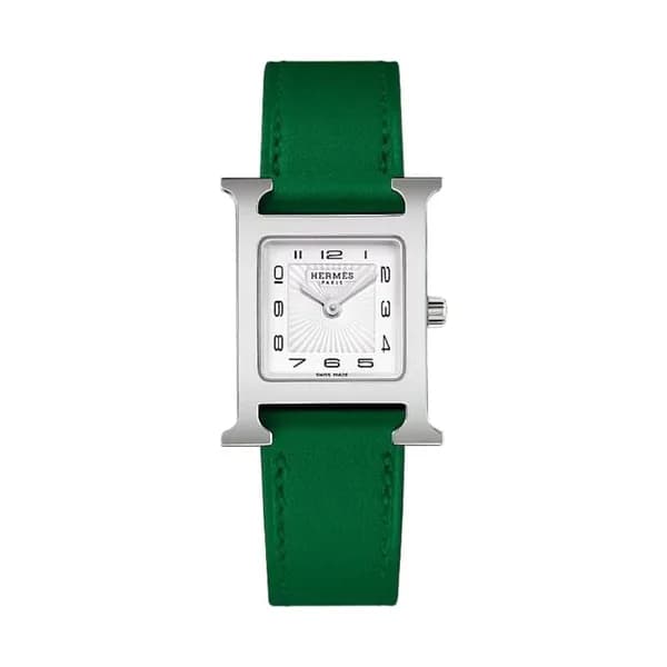 Hermès Montre HERMÈS Heure H Petit Modèle quartz cadran blanc bracelet cuir Swift vert 25 mm