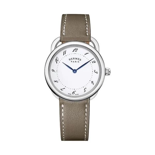 Hermès Montre HERMÈS Arceau Grand Modèle quartz cadran laqué blanc bracelet cuir taupe 36 mm