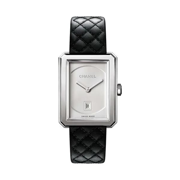 Chanel Montre CHANEL BOY∙FRIEND Moyen modèle cadran blanc bracelet cuir noir 34,6 x 26,7 mm