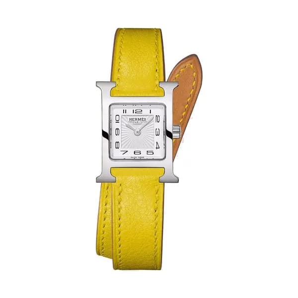 Hermès Montre HERMÈS Heure H Mini Modèle quartz cadran blanc bracelet double tour cuir jaune 21 mm