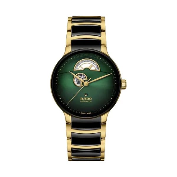 Rado Montre Rado Centrix Open Heart automatique cadran vert bracelet acier PVD or jaune et céramique noire 39,5 mm