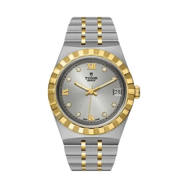 Tudor Montre Tudor Royal automatique index diamants cadran argenté bracelet acier et or jaune 34 mm
