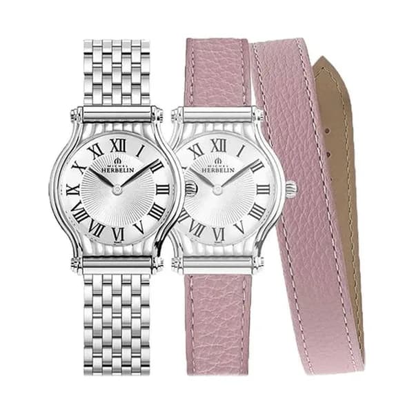 Michel Herbelin Montre Michel Herbelin Coffret Antarès quartz cadran argent chiffres romains bracelets acier et cuir rose