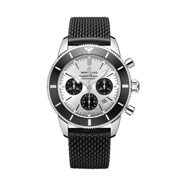 Breitling Montre Breitling Superocean Heritage II B01 chronograph automatique cadran argenté bracelet caoutchouc noir 44 mm