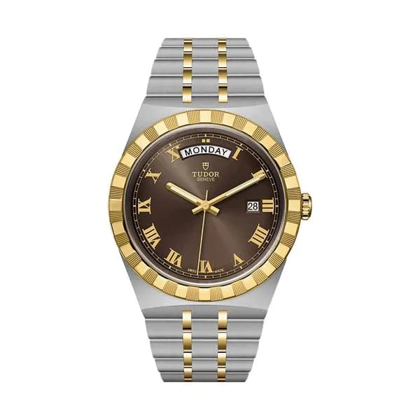 Tudor Montre Tudor Royal automatique lunette or jaune cadran chocolat bracelet acier et or jaune 41 mm