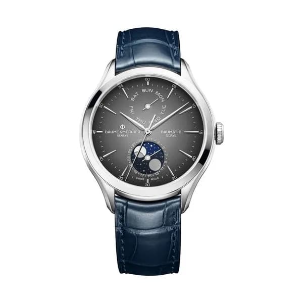 Baume & Mercier Montre Baume et Mercier Clifton Baumatic automatique cadran gris bracelet cuir alligator bleu 42 mm