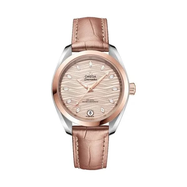 Omega Montre Omega Seamaster Aqua Terra 150M Co-Axial Master Chronometer Or Sedna cadran nude bracelet cuir rose 34 mm