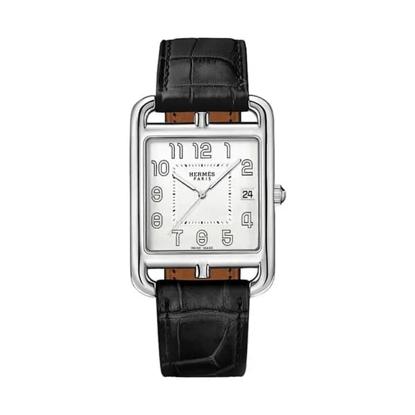 Hermès Montre HERMÈS Cape Cod Quartz cadran argenté bracelet cuir noir 41 mm