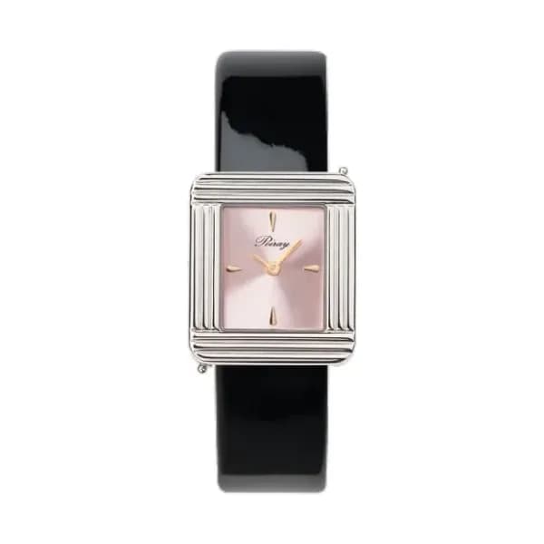 Poiray Montre Poiray Ma Première Acier Cadran Rose Bracelet Veau Vernis Noir