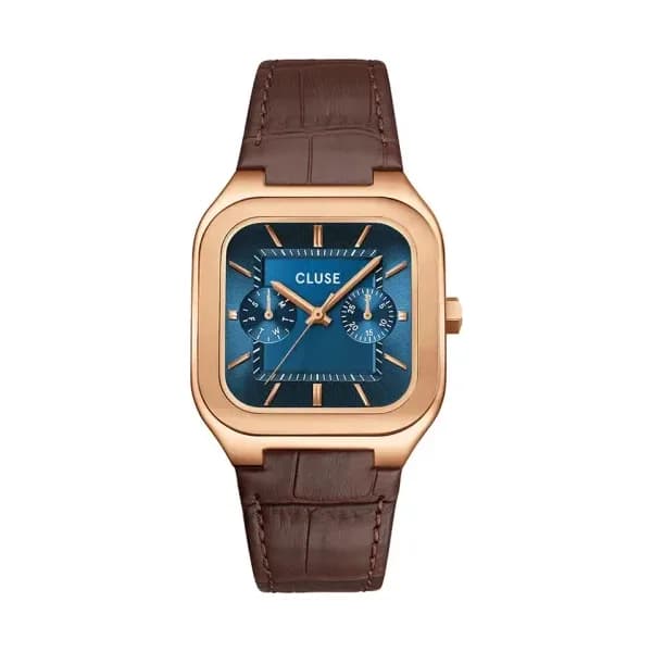 Cluse Quadrus Multifunction Watch Leather, Blue, Rose Gold Colour