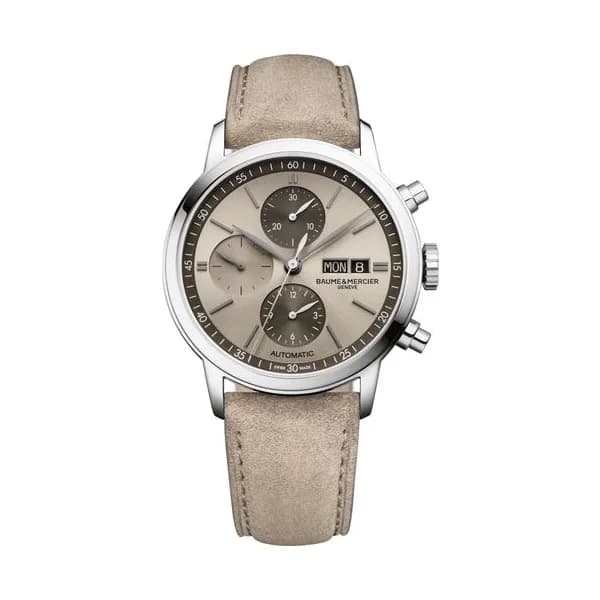 Baume & Mercier Montre Baume et Mercier Classima Chronographe automatique cadran gris bracelet cuir sable 42 mm