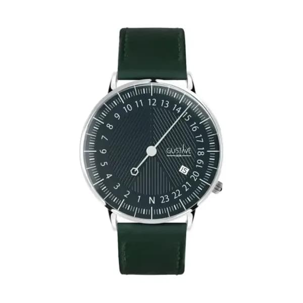 Gustave & Cie Montre 24H André Argent & Vert Cuir Vert Émeraude Surpiqué 40mm