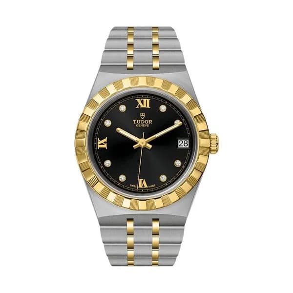 Tudor Montre Tudor Royal automatique index diamants cadran noir bracelet acier et or jaune 34 mm