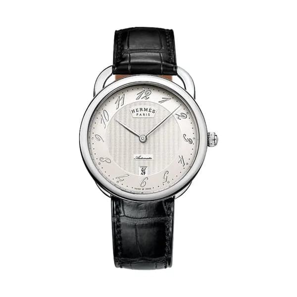 Hermès Montre HERMÈS Arceau mouvement manufacture cadran argenté bracelet cuir noir 40 mm