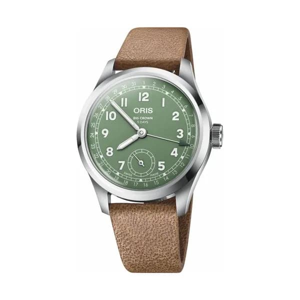 Oris Montre Oris Big Crown Pointer Date Calibre 403 automatique cadran vert bracelet cuir brun 38 mm